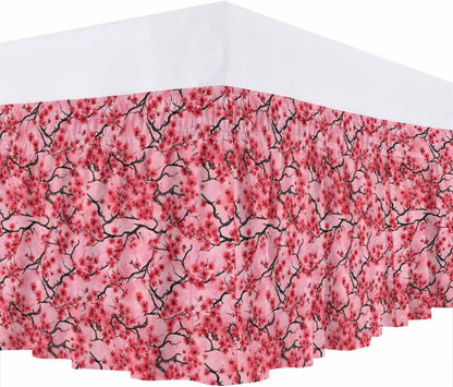 Chinese Flowers Bed Skirt Queen Size 16 Inch Drop, Wrap Around Bed Skirts, Spring Pink Peach Blossoms Floral Elastic Bedskirt Pleated Bed Frame Cover Luxurious Dust Ruffle for Queen Bed