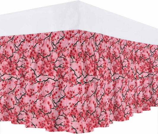 Chinese Flowers Bed Skirt Queen Size 16 Inch Drop, Wrap Around Bed Skirts, Spring Pink Peach Blossoms Floral Elastic Bedskirt Pleated Bed Frame Cover Luxurious Dust Ruffle for Queen Bed