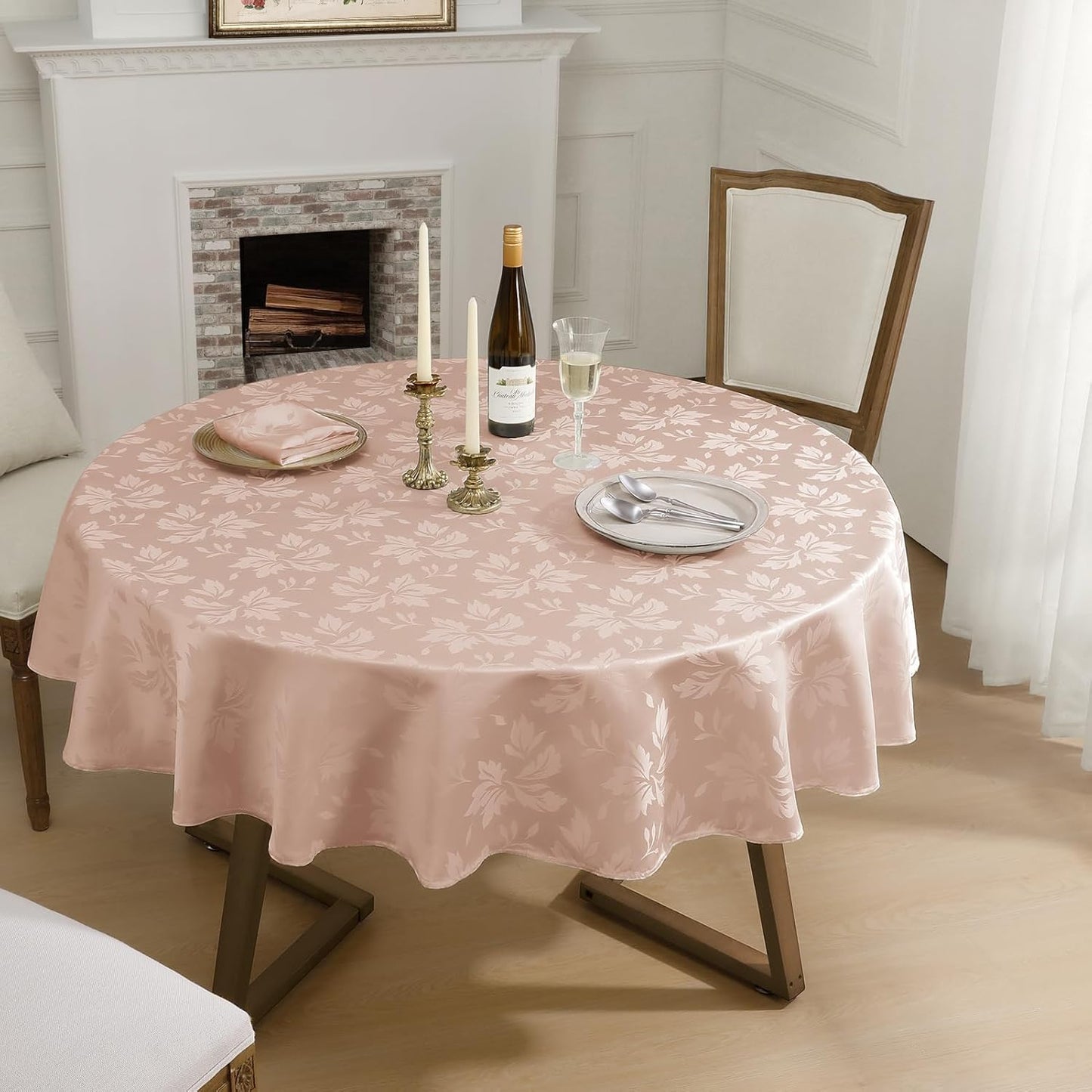 Romanstile Jacquard Round Tablecloth - Waterproof Damask Floral Pattern Decorative Table Cloth Heavy Weight Fabric Table Covers for Dinner, Parties, Outdoor - 70 Inch, Pink