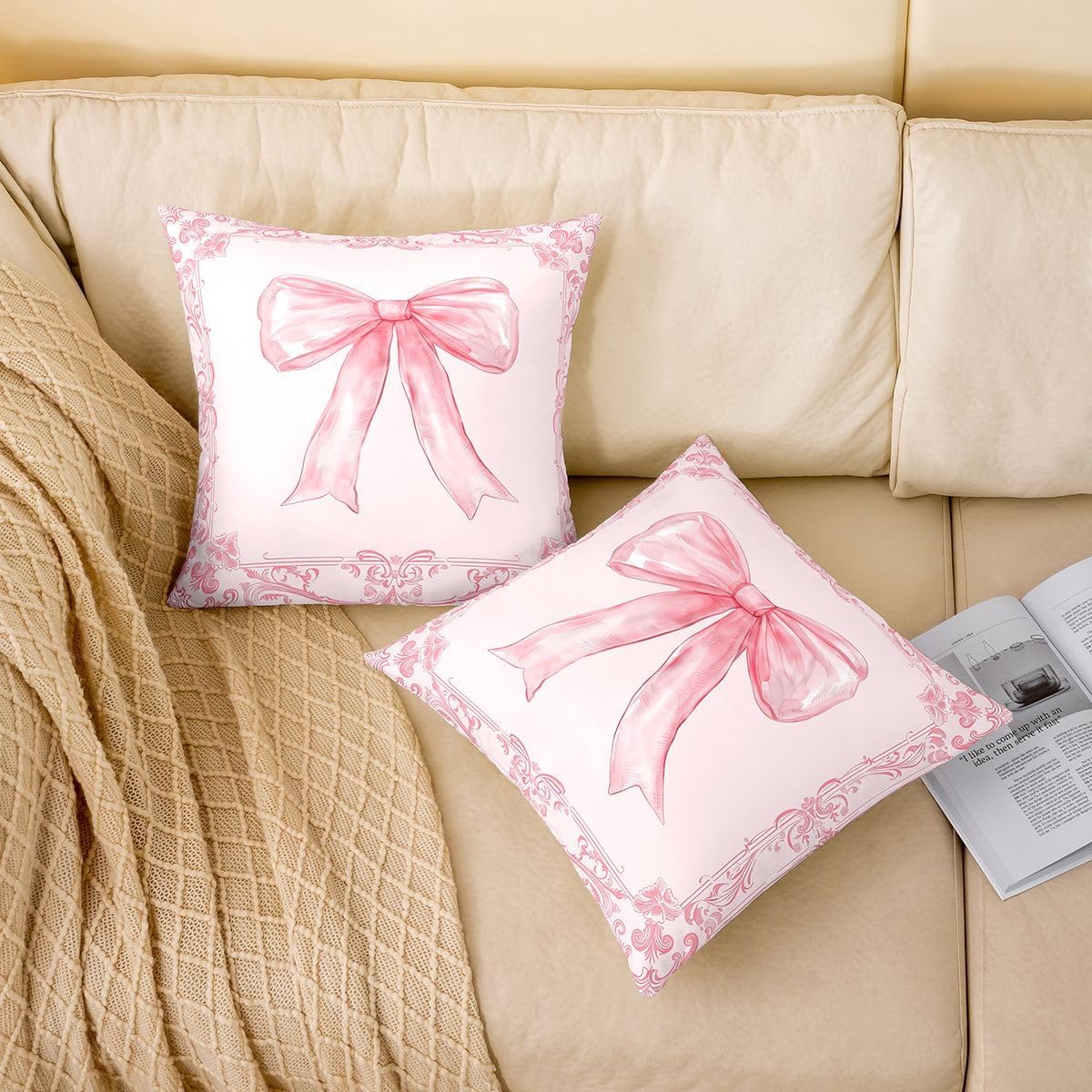 Manfei Bowknot Kids Throw Pillow Cover Retro Victorian Damask Flowers Pillowcase Soft Square Cushion Case Dreamy Ribbon Bow Double Sides Pillow Case Light Pink Couch Sofa Cushion Cover,1 Pack 16"x16"