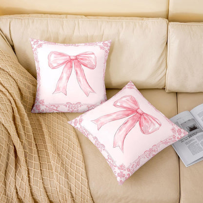 Manfei Bowknot Kids Throw Pillow Cover Retro Victorian Damask Flowers Pillowcase Soft Square Cushion Case Dreamy Ribbon Bow Double Sides Pillow Case Light Pink Couch Sofa Cushion Cover,1 Pack 16"x16"