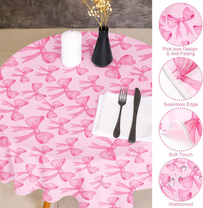 FYSUIMU Pink Bow Round Tablecloth 60 Inch Trendy Ribbon Bowknot Fabric Cloth Washable Table Cover for Picnic Dinner Table Decoration
