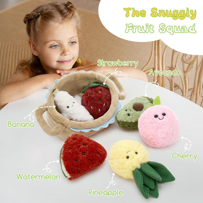 MorisMos 7Pcs Fruit Plush Toys Set, 6 Soft Stuffed Fruit Toys with Basket, Cute Pineapple Banana Strawberry Peach Watermelon Avocado Plushies for Pretend Play, Birthday for Girls Boys