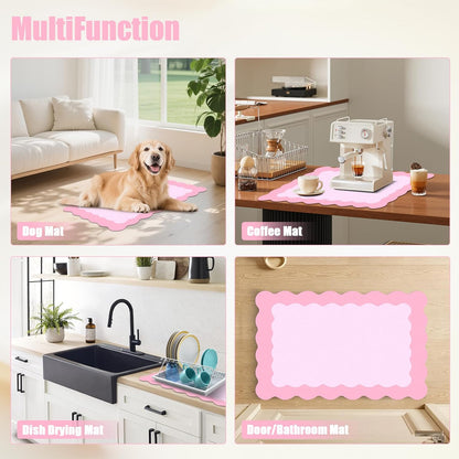Scalloped Coffee Bar Mat for Countertop, Cute Dish Drying Mats for Kitchen Counter, Diatomite Absorbent Mat for Coffee Station, Kitchen Aesthetic Decor (12"x19", Pink)