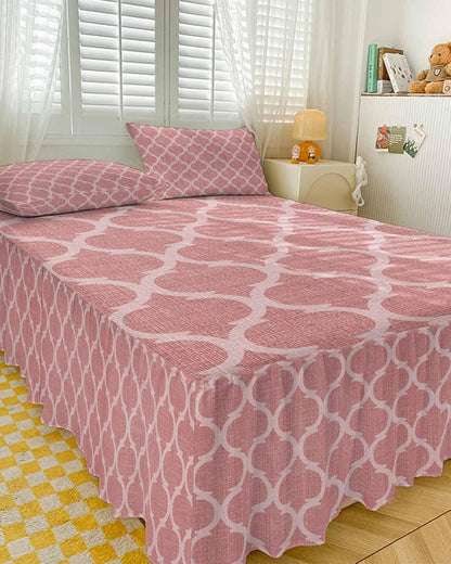 Bed Skirt for Twin Size Bed 18 Inches Drop Moroccan Texture Ruffled Bedding Sheet Sets Soft Bedspread Retro Peach Pink Linen Wrap Around Bed Skirt Sheet Set with 2 Pillowcases for Bedroom 39x75 Inch