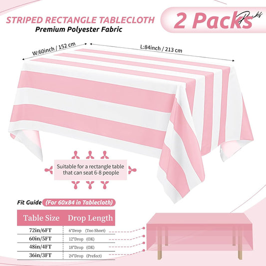 2 Pack Pink and White Striped Tablecloth Rectangle 60x84inch Polyester Fabric Washable Table Cloth for Afternoon Tea Birthday Party Picnic Barbecue Gathering Indoor Outdoor Dining Table Decor