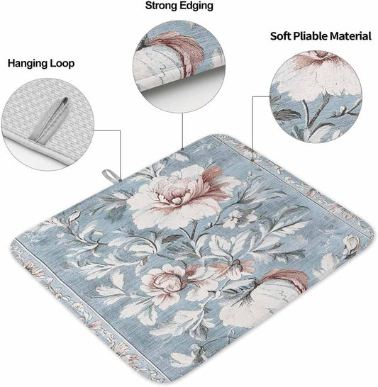 Light Blue Pink Floral Dish Drying Mat, Vintage Botanical Flowers Absorbent Dish Drying Matt Pad for Kitchen Countertops, Sinks, Dish Drainer Racks, Small 16x18in 2PCS