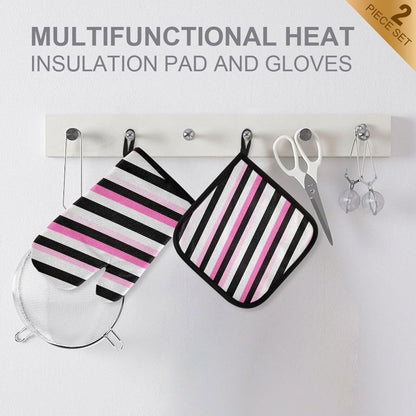 Black Pink and White Stripes Oven Mitts and Pot Holders Set for Cooking Baking Kitchen Decor