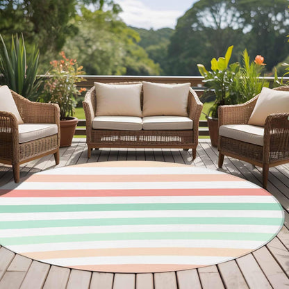 Large Round Rug 7Ft, Peach Pink Green Ombre Living Room Circle Rug Washable Round Area Rug, Farmhouse Stripe Modern Non Slip Indoor Carpet for Entryway Dining Room Bedroom Aesthetic Decor
