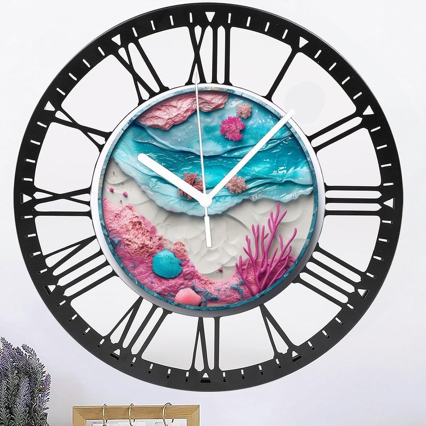 Metal Wall Clock for Living Room -10" Pink Coral Ocean Beach Shells Silent Non Ticking,Battery Operated, Antique Clocks for Farmhouse,Bedroom,Kitchen - Rome Numerals