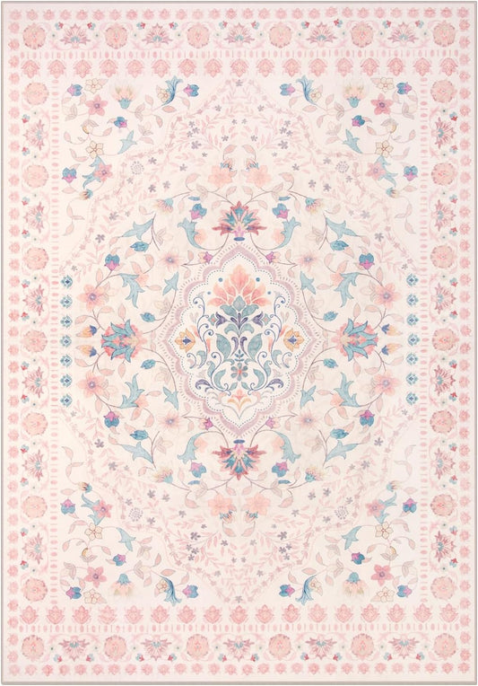 Wonnitar Floral 5x7 Washable Nursery Rug, Pink Rugs for Bedroom Girls, Boho Ultra-Thin Soft Non Slip Floor Carpet for Dorm Living Room Playroom Home Decor, Pastel Pink