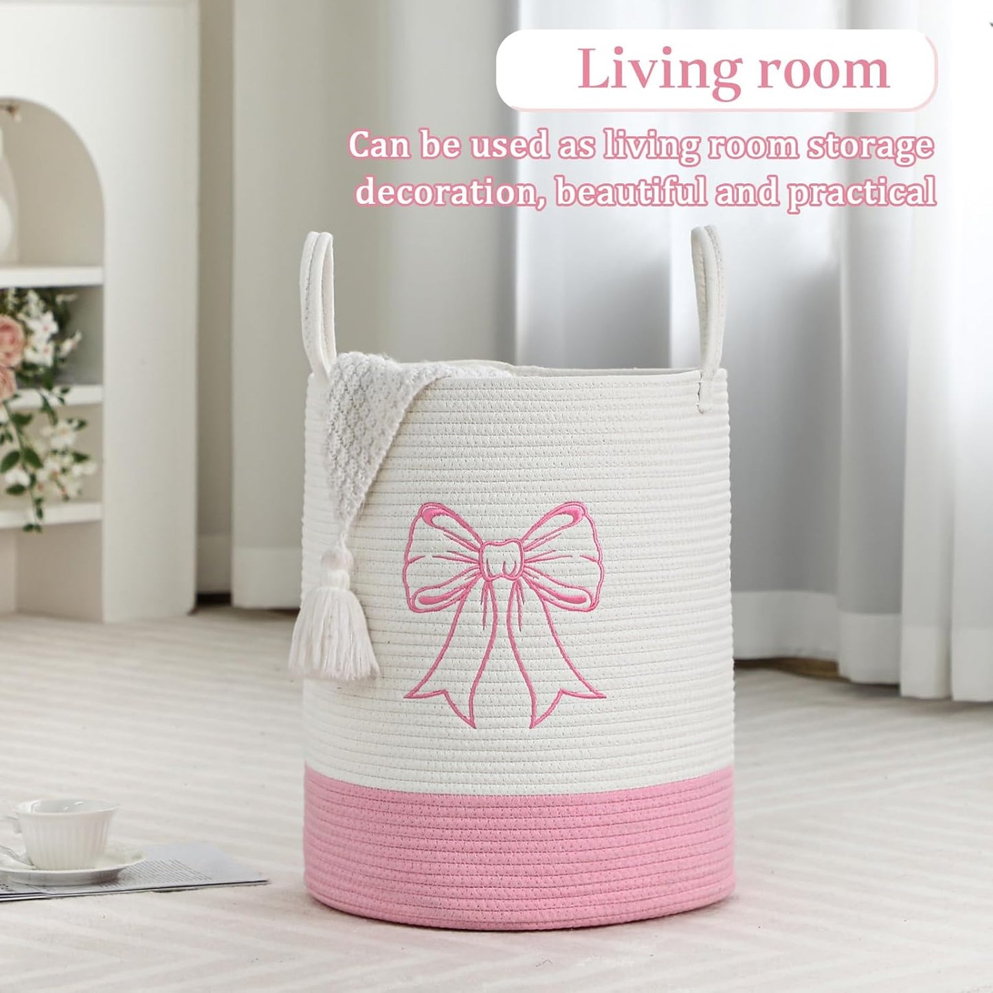 Honeydak 15'' x 18'' Pink Bow Cotton Rope Laundry Basket Hamper Large Laundry Basket Hamper Coquette Bow Room Decor Girls Girly Nursery Storage Bin Tall Round Organizer Blanket Toys Clothes(Bowknot)