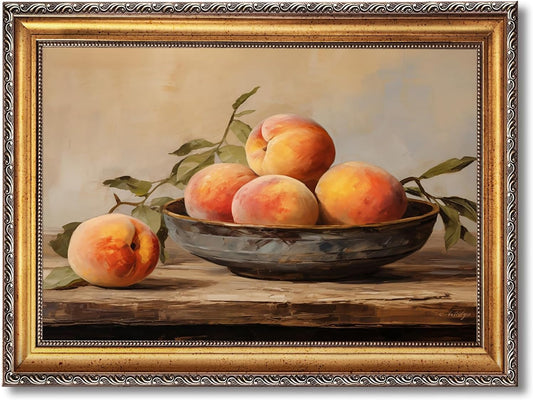 Vintage Peach Wall Art Antique Peaches in Rustic Bowl Oil Painging Poster Retro Fruit Decor Still Life Theme Picture Artwork for Cottage Kitchen Dining Room 36x24inch Gold Framed