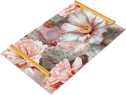 Pink and White Vintage Flowers Decorative Plastic Trays with Handles Food Tray for Bed for Jewelry Perfume for Decorative Food bandejas para cama