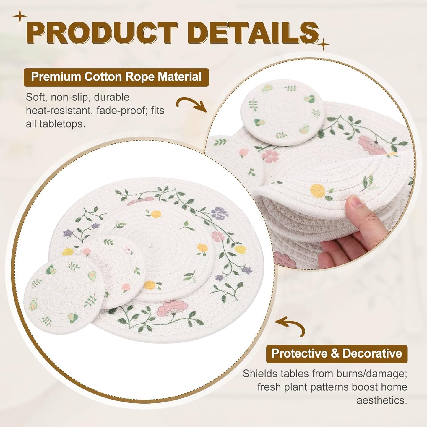 uxcell Round Placemats, 11.8 Inch Cotton Rope Braided Place Mats, Heat Resistant Woven Table Placemats, for Home Wedding Holiday Party, Peach Pattern