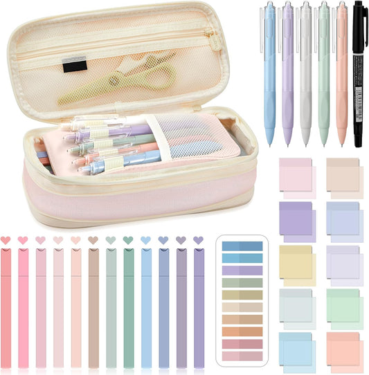 Jutom 39 Pcs Aesthetic Book Annotation Kit Highlighter with Case Bag Gel Pen Transparent Sticky Note Taking Bible Supplies(Pink,Cute Style)