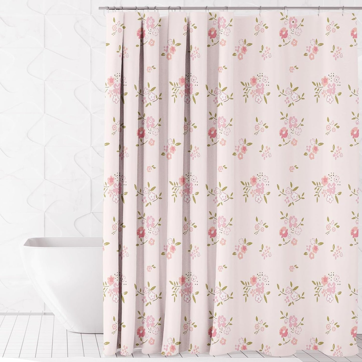 Mocsicka Pink Flower Shower Curtain Girly Shower Curtains for Bathroom Pastel Pink Curtain for Bathtub Gift for Girl (Pink, 71x71inch)