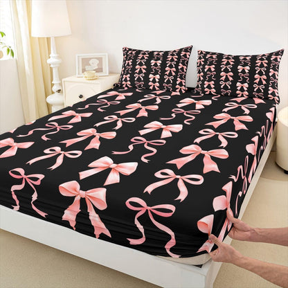 Feelyou Bow Fitted Sheet Queen Size for Kids Boys Girls Cute Kawaii Peach Pink Bowknot Bed Sheets Set 16" Deep Pocket Dreamy Princess Bow-tie Style Bedding with 2 Pillowcases Room Decor