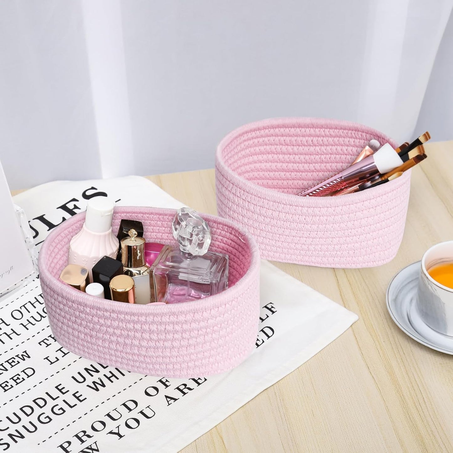 【2 Pack】ABenkle Small Woven Baskets, Tiny Oval Shallow Storage Baskets, Mini Cotton Rope Empty Decorative Basket, Boho Little Organizer Bins for Bathroom, Cat Dog Toy Gifts Baskets