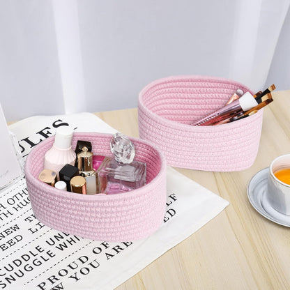【2 Pack】ABenkle Small Woven Baskets, Tiny Oval Shallow Storage Baskets, Mini Cotton Rope Empty Decorative Basket, Boho Little Organizer Bins for Bathroom, Cat Dog Toy Gifts Baskets