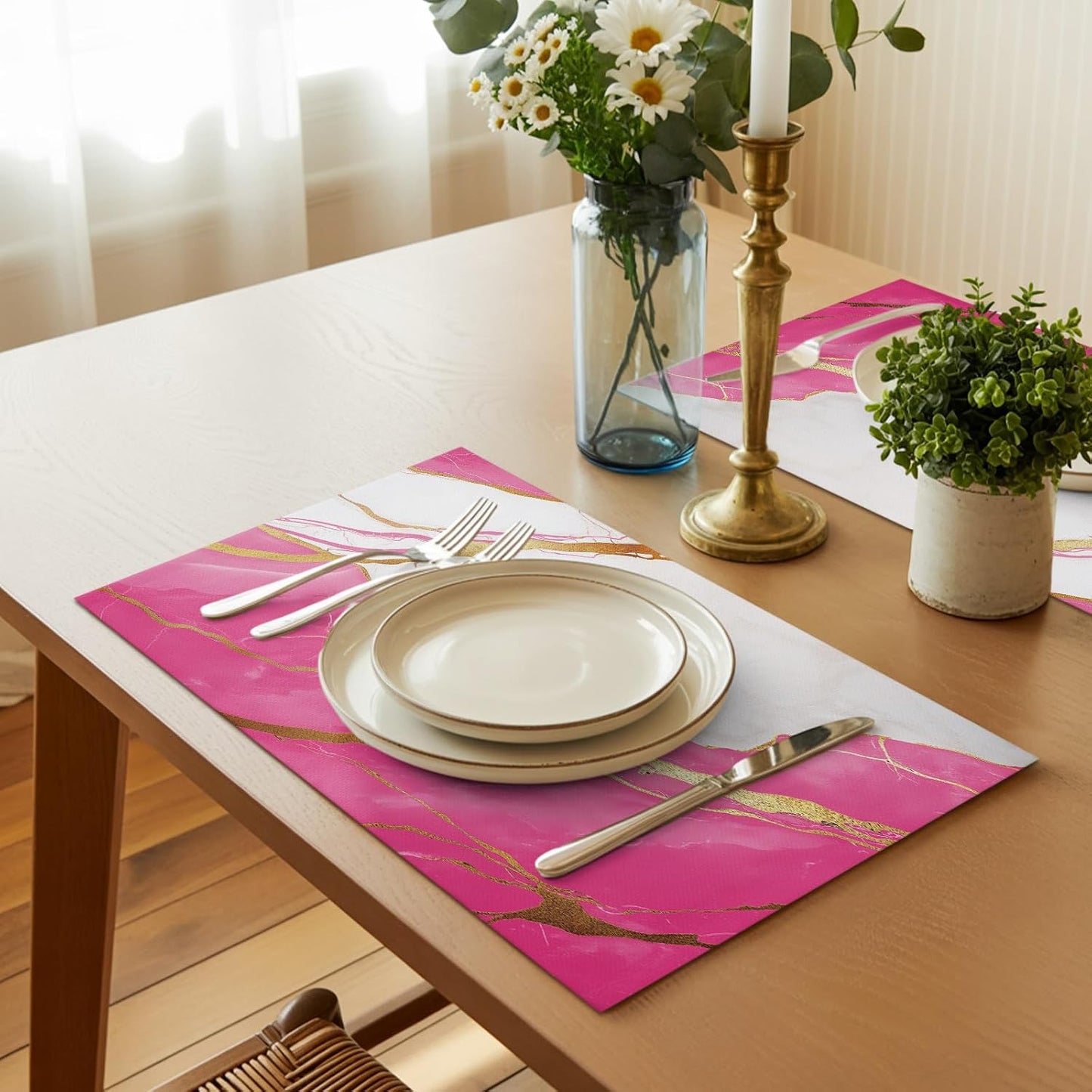Abstract Marble Placemat Set of 4 Non-Slip Placemats for Dining Table Marble Pink Washable Table Mats, Heat Resistant Kitchen Table Mats for Party, Dining Room & Home Decor
