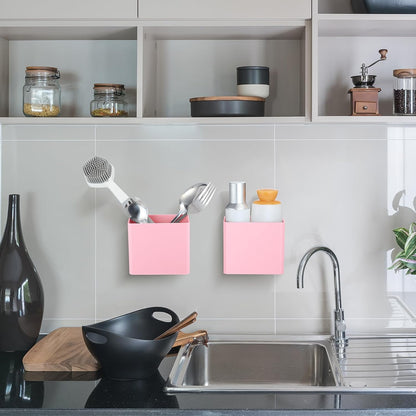 Suclain 4 Pcs Wall Mounted Organizer Non-drilling Adhesive Floating Shelf Wall Bin Organizer Hanging Storage Containers for Bedroom Bathroom Kitchen Office (Pink)