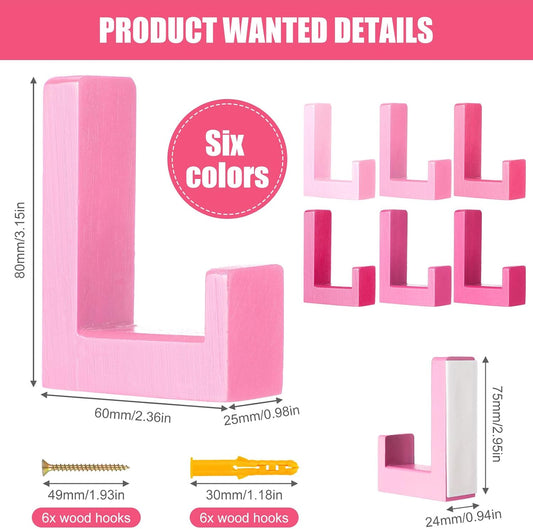 Teenyyou 6 Pack Cute Kids Coat Wall Hooks Wooden Adhesive Decorative Colorful Wall Mounted Hangers Backpack Hooks for Hanging Keys Towel Clothes Bathroom Organization(Pink Mixed Color,6 Pcs)