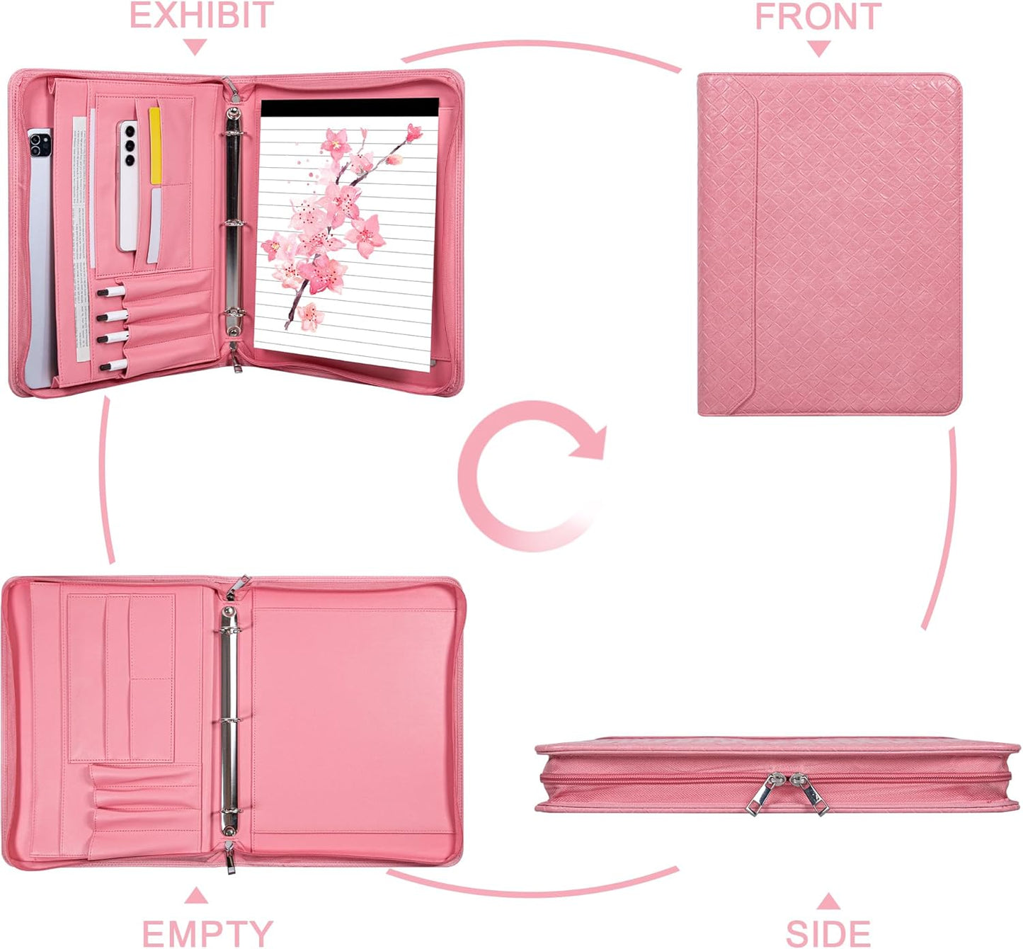 Fashionable Mesh Super Pink PU Padfolio, Vegan Leather Binder Portfolio for Women, 3 Ring Padfolio with Zipper, A4 Planner Binder Laptop Pocket, Legal Size Portfolio, Christmas Gift