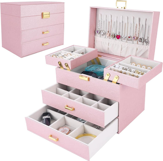 Dajasan Jewelry Organizer Box, Large Jewelry Boxes for Girls, Space-Saving 4 Layers Jewelry Storage Case with Drawer, Gift for Women, Movable Metal Stand, Modern (Pink+ Gold)