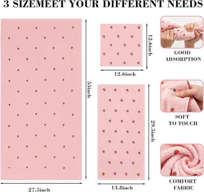 FYSUIMU Strawberry Bathroom Towels Set of 3 Pink Red Strawberry Fruit Embroidered Cotton Bath Towel Hand Towel Wash Cloth for Holiday Hand Drying Shower Supplies