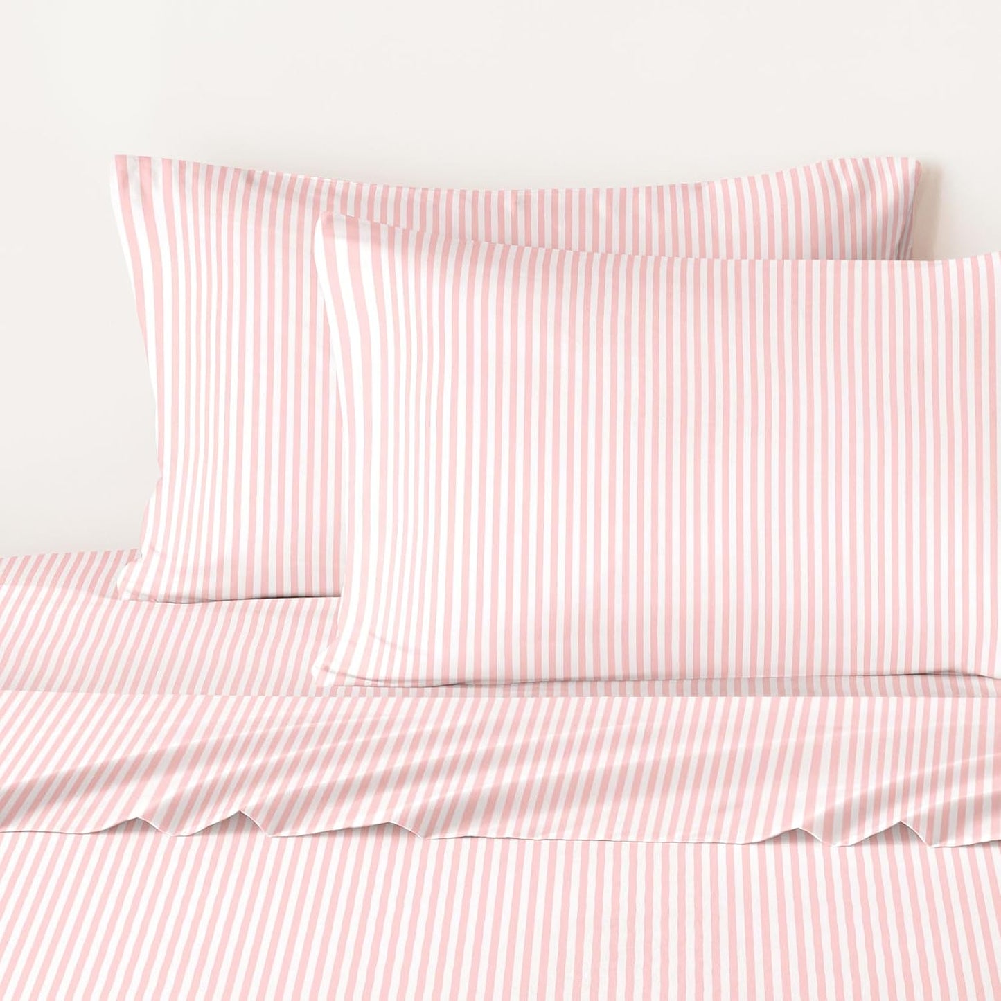 Wake In Cloud - Striped Bed Sheets, 4-Piece Sheet Set, Ticking Vertical Pin Stripe Modern Farmhouse Pattern Printed Bedding, Deep Pocket, Pink White, Queen Size