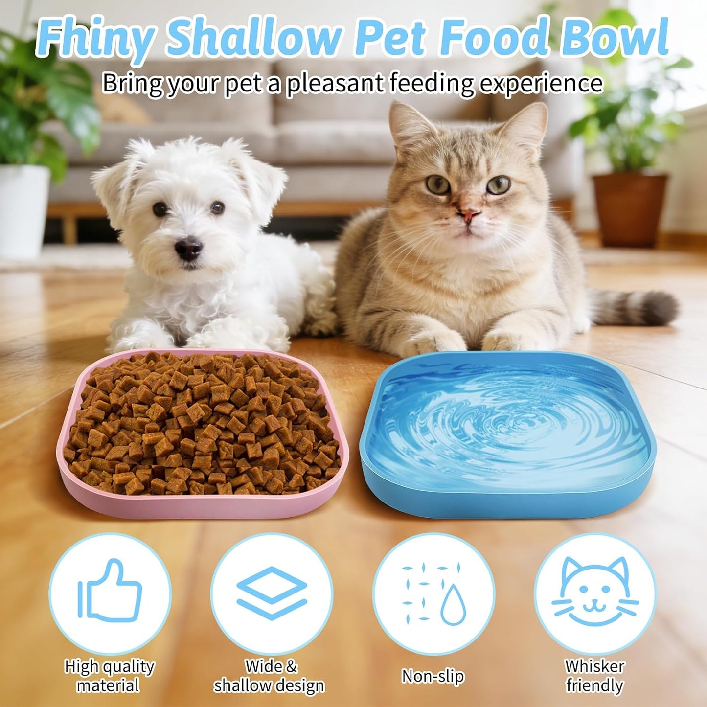 Fhiny 2PCS Silicone Cat Bowls Set 7.1 x 7.1 in Shallow Dog Dish Whisker Friendly Cat Food Plate for Dry & Wet Food Dishwasher Safe Non-Slip Pet Feeding Bowls for Kittens and Puppies (Pink+Blue)