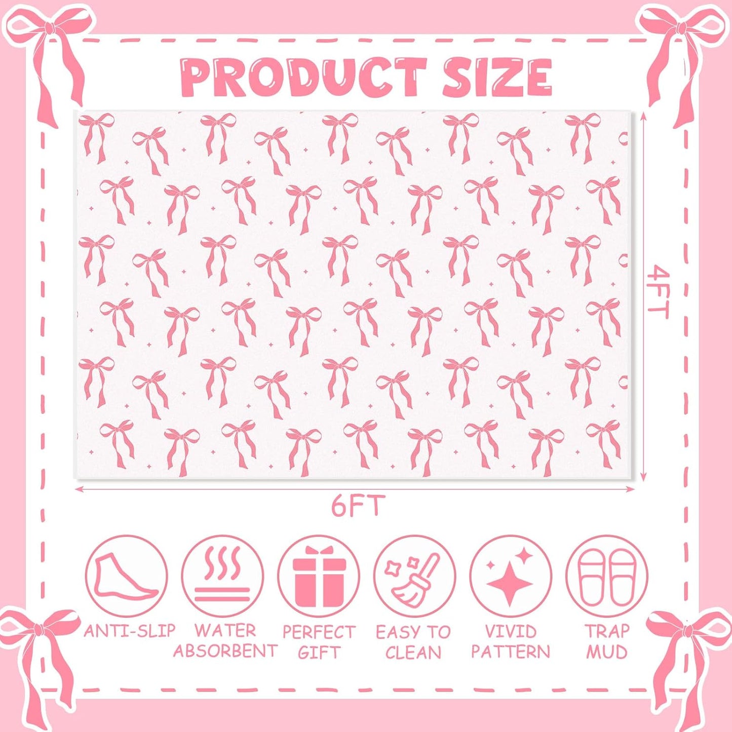 Drydiet 4 x 6 ft Large Bow Welcome Mat Rug Coquette Doormat Decor Gifts for Bedroom Room Women Aesthetic Decor Birthday Decorations Gift Lovers(Bow,Pink)