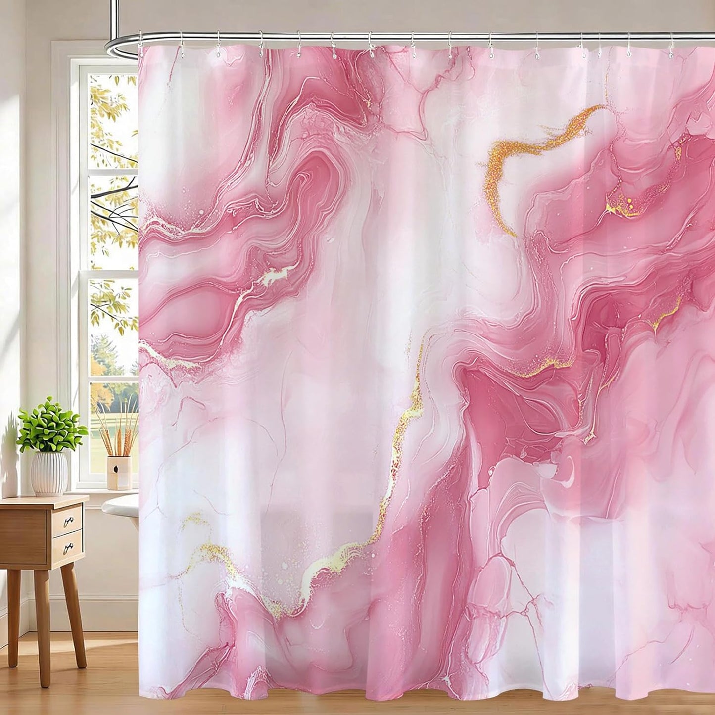 Mocsicka Pink Marble Shower Curtain Abstract Modern Luxury Marble Bathroom Shower Curtain Pink Marble Waterproof Fabric Shower Curtains Bathtub Decor with 12 Hooks 72 X 72 Inch (Pink)