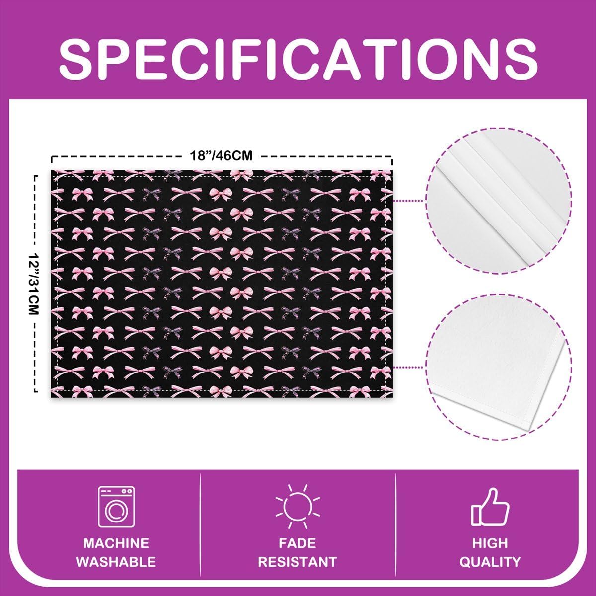 Feelyou Pink Bow Placemats Set of 4 Cute Bowknot Table Mats for Party Kitchen Dining Decoration Holiday Seasonal Grils Bow Knot Place Mat for Dinner Table Indoor Outdoor 18"x12" Non-Slip Easy to Clean