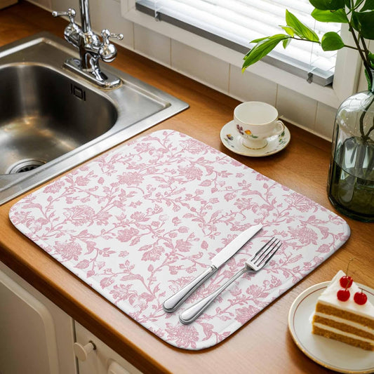 Light Pink Floral Paisley 1 Pack Dish Drying Mat for Kitchen Counter 18''x24'' Boho Leaf Vintage Farmhouse Linen Absorbent Dish Bowl Dishes Drainer Mat Reversible Drying Rack Pad for Coffee Bar