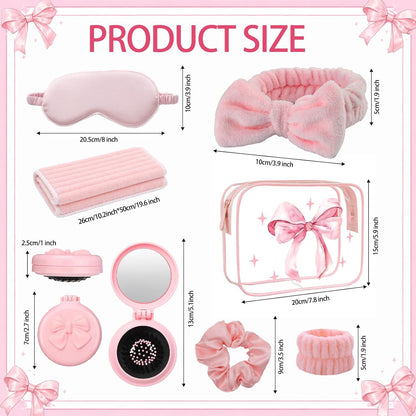 Yebo 64 Pcs Pink Bow Spa Party Favors for Women and Girls, 8 Set Sleepover Spa Party Supplies with Sleep Eye Mask, Wristband, Scrunchie, Bow Headband, Mirror, Hair Comb and Gift Bags