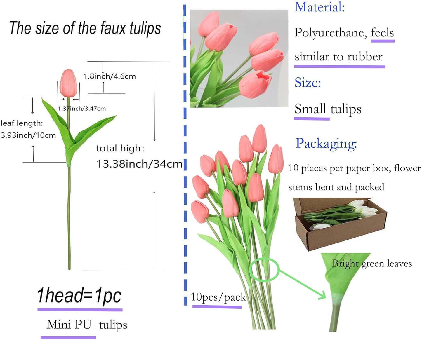 10-Heads Artificial Flowers PU Mini Real Touch Tulip Bouquets for Home Wedding Party Centerpiece Decoration (Coral)