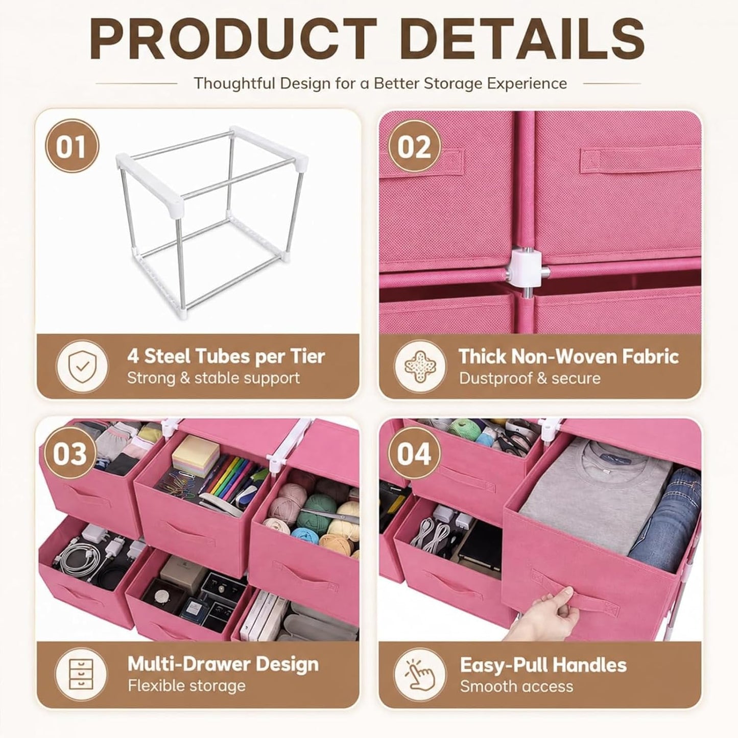 Geetery Under Dorm Bed Cube Organizer Shelf with 6 Cube Fabric Storage Organizer Bins with Handle Dorm Under Bed Closet Drawer for College Essentials Nursery Bedroom Living Room(Pink)
