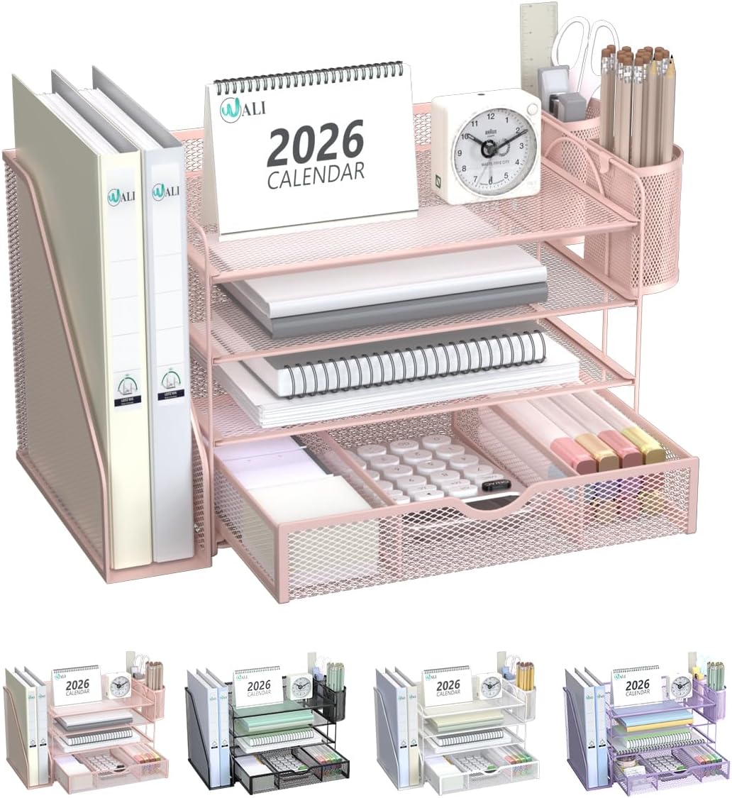 WALI Desk File Organizer, 4 Tier Desktop Paper Letter Tray Organizer with Drawer and 2 Pen Holders, Office Desk Accessories & Workspace Organizers for Office, Home Supplies(DO005DH-P), 1 Pack, Pink