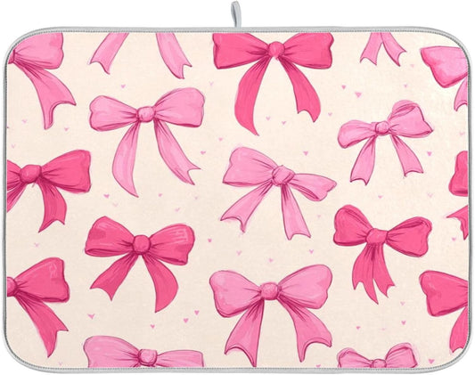 Kcldeci Pink Bows on A Light Dish Drying Mat Kitchen Counter Mat Draining Mat Kitchen Accessories Dish Rack Pad for Dishes, Utensils, Countertops, Sinks 16x18in
