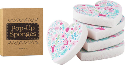 5 Pack Heart Shaped Sponges, Non-Scratch Cleaning Sponges with Floral Pattern, Kitchen Heavy Duty Scrub Sponge, Pop Up Eco Valentine's Day Sponges (Pink)