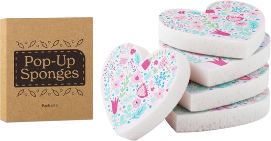 5 Pack Heart Shaped Sponges, Non-Scratch Cleaning Sponges with Floral Pattern, Kitchen Heavy Duty Scrub Sponge, Pop Up Eco Valentine's Day Sponges (Pink)