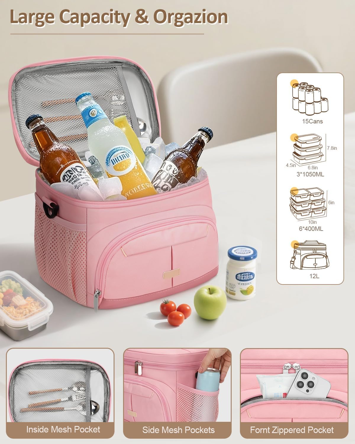 Pritent Lunch Box for Man Women, Insulated Lunch Bag Cooler Bag Leakproof Lunchbox Lunch Tote Bags with Removable Strap for Work School Picnic Travel (Pink/12L