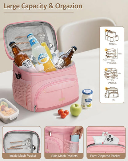 Pritent Lunch Box for Man Women, Insulated Lunch Bag Cooler Bag Leakproof Lunchbox Lunch Tote Bags with Removable Strap for Work School Picnic Travel (Pink/12L