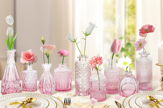 Pink Glass Bud Vases Set of 20 - Mini Vintage Vases for Wedding Decorations Home Table Flower Decor, Small Carved Design Glass for Centerpieces