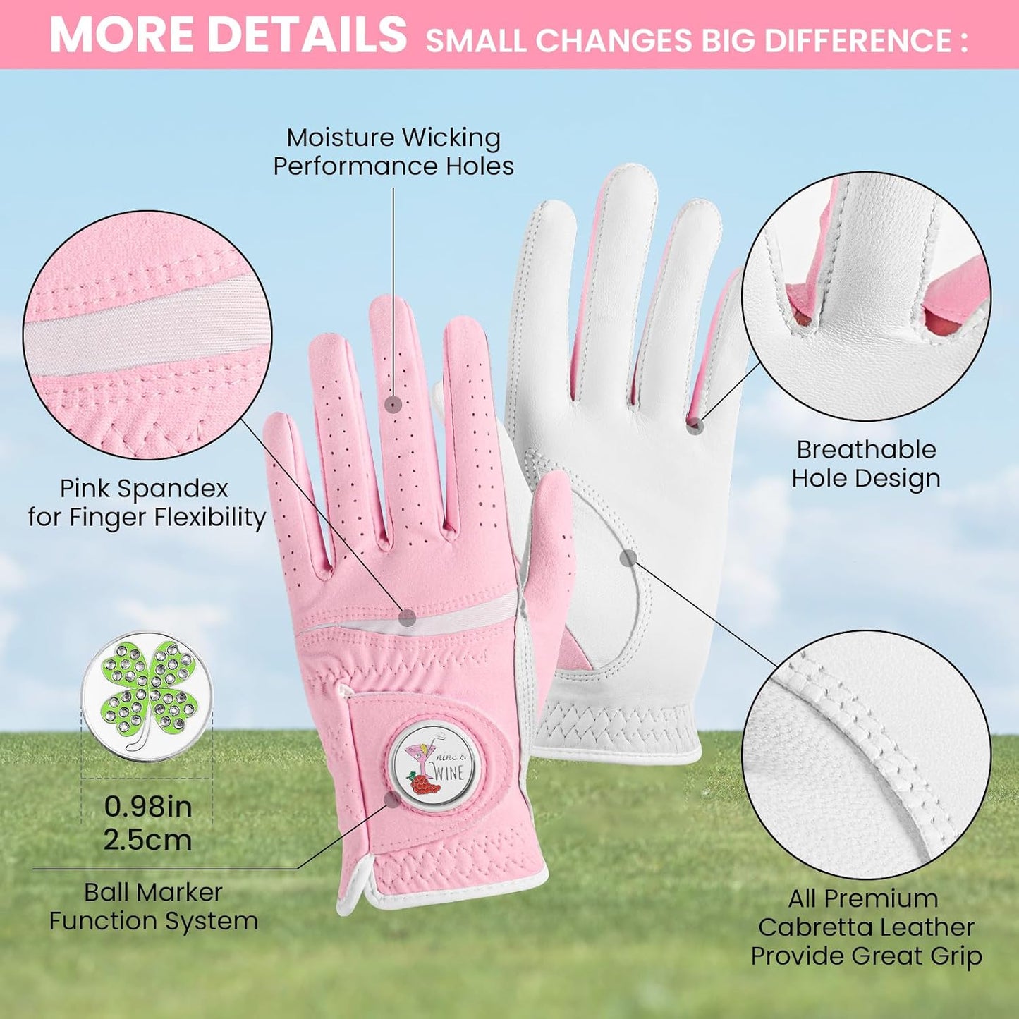 Amy Sport Premium Comfortable Women's Golf Glove Value Set | 2 Ball Markers + 1 Hat Clip + 10 Tees Included, Leather Palm Soft Grip, All Weather Reliable Control, Durable Flexible Design
