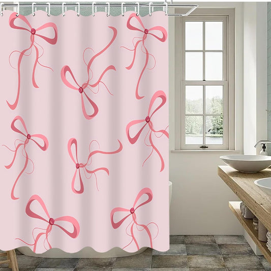 AZHM 4Pcs Pink Bow Shower Curtain Set Cute Bathroom Shower Curtains with 12 Hooks Bow Knot Aesthetic Bathroom Sets with Shower Curtain and Accessories