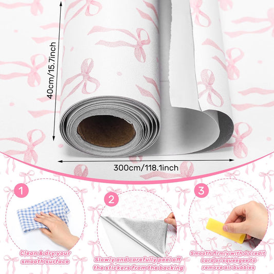 Drydiet Pink Bow Coquette Wallpaper Peel and Stick Contact Paper 15.8 x 118.1in Bow Wallpaper Self Adhesive Removable Wall Sticker Paper for Home Locker Dorm Classroom Bedroom Living Room Decor