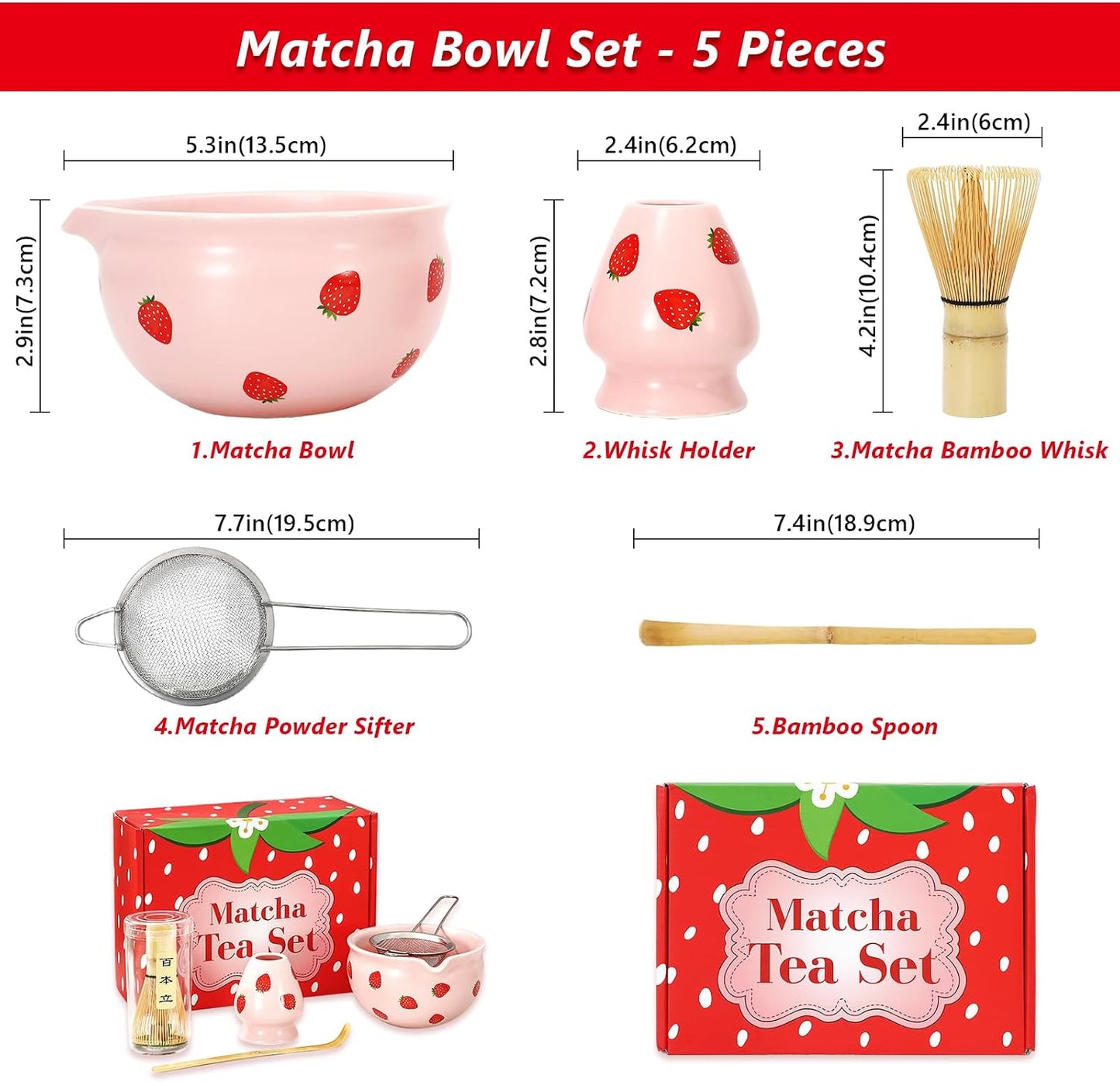 FYSUIMU 5 Pcs Strawberry Ceramic Matcha Bowl Set Pink Ceramic Bowl with Spout and Bamboo Whisk Scoop Sifter Stand Kit for Tea Lovers Tea Ceremony Supplies